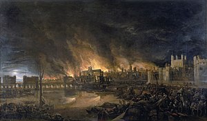 Grabado del gran incendio de Londres de 1666.